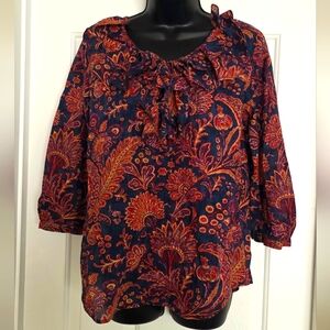 Floral Paisley Ralph Lauren Women's Blouse- Navy and Orange